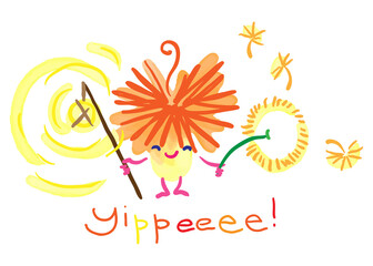 Yippee. Brownie. Funny Forest or Home Spirit with Flashlight and Dandelion