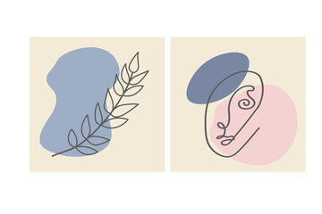 Faces, leave and abstract shapes. Contemporary vector illustrations on color backgrouds. Line, minimalistic elegant concept. Perfect for social media, cards, postcards.