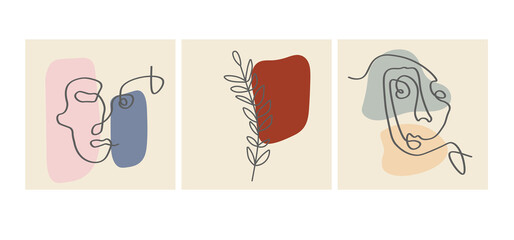 Faces, leave and abstract shapes. Contemporary vector illustrations on color backgrouds. Line, minimalistic elegant concept. Perfect for social media, cards, postcards.