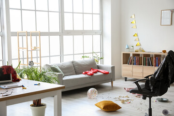 Interior of messy room after party celebration