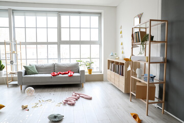 Interior of messy room after party celebration