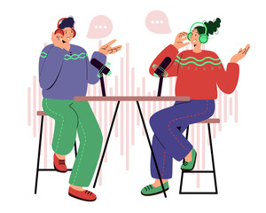 Cartoon smiling people recording audio podcast or online show vector flat illustration. Radio presenter joyful person interviewing guest, broadcast media. Flat vector illustration