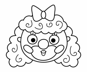 Vector black and white clown girl face. Circus artist avatar outline clipart. Amusement holiday line icon. Cute funny festival character clip art. Street show comedian illustration or coloring page.