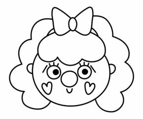 Vector black and white clown girl face. Circus artist avatar outline clipart. Amusement holiday line icon. Cute funny festival character clip art. Street show comedian illustration or coloring page.