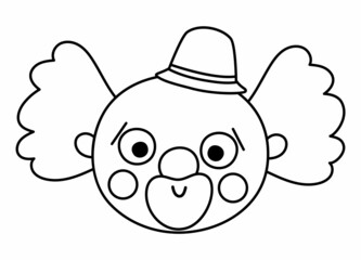 Vector black and white clown face. Circus artist avatar outline clipart. Amusement holiday line icon. Cute funny festival character clip art. Street show comedian illustration or coloring page.