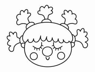 Vector black and white clown girl face. Circus artist avatar outline clipart. Amusement holiday line icon. Cute funny festival character clip art. Street show comedian illustration or coloring page