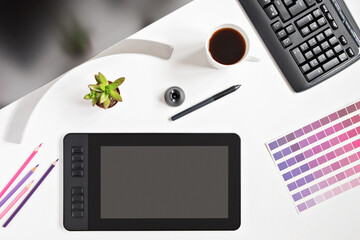Modern designer workspace with graphic tablet, monitor, keyboard, succulent plant on white background. View from above. Flat style.