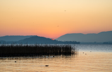 Sunset over the lake of biel