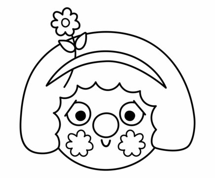 recommend clip art: Vector black and white clown girl face. Circus artist avatar outline clipart. Amusement holiday line icon. Cute funny festival character clip art. Street show comedian illustration or coloring page.