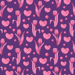 Bright seamless square pattern, pink decorative tulips with hearts, watercolor , Valentine's Day
