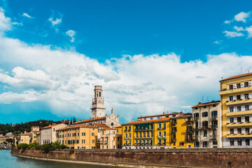 Fototapeta premium Panoramic of Verona crossed by the river Adige, with the tower of the Cathedral of Santa Maria Matricolare in the background.
