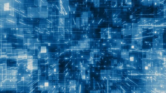 Motion graphic 4K camera flying into a blue digital technologic abstract hologram 3d matrix. Big Data Digital futuristic code network connection concept. Seamless loop 3D render