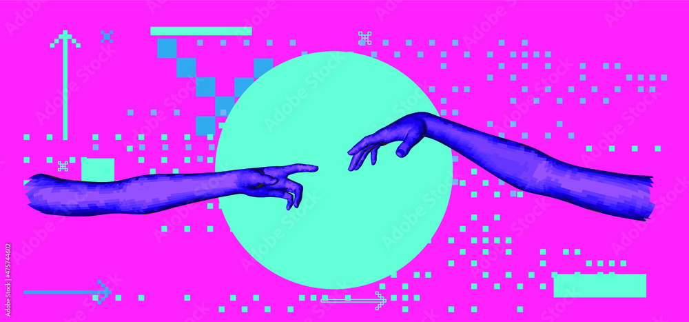 Poster vector low poly 3d model of hands going to touch together, reminiscent of michelangelo's artwork. co
