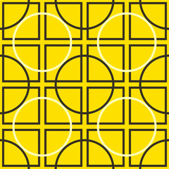 Seamless geometric pattern of circles and squares on a yellow background