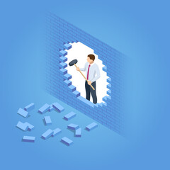 Isometric Breaking the Wall. An alternative Solution to the Problem. Businessman Solved Problem, New Solution, Success and Leadership. Breakthrough. Business concept