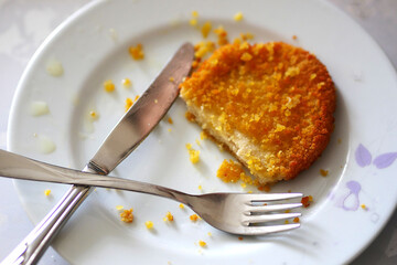 leftover chicken schnitzel for the plate, piece of schnitzel on the plate, plate fork and schnitzel,