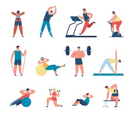 Fototapeta na wymiar People exercise in gym, athletes training with sports equipment. Characters stretching, lifting dumbbells, fitness workout vector set. Man having cardio training on treadmill, woman doing yoga