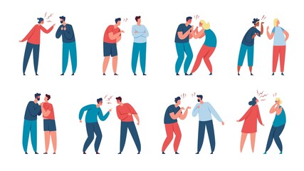 Angry people arguing, characters shouting at each other. Couple fighting or quarreling, men and women having conflict or argument vector set. Disagreement and violence in family or friendship