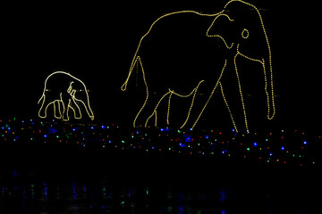 Colored Christmas and holiday lights depicting a mother and baby elephant at a zoo in Portland...