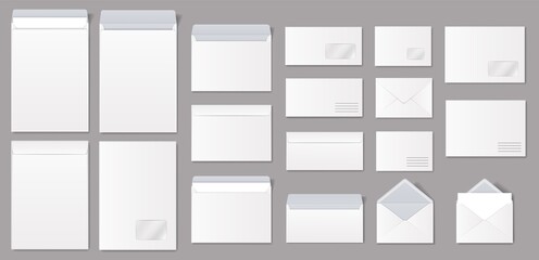 Realistic paper envelopes, white blank mailing envelope with letter. Open and closed envelopes in different sizes vector mockup set. Front and back view of objects for correspondence - obrazy, fototapety, plakaty