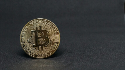 Una sola moneda de Bitcoin sobre fondo negro