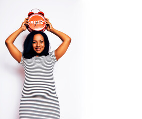 young pretty african american woman pregnant happy smiling, posing on white background isolated , lifestyle people concept copyspace
