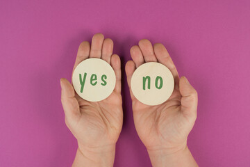The words yes and no are standing on round signs, communication symbol, making a decision, business...