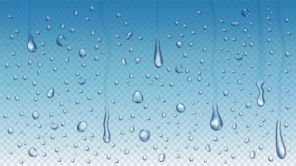 Realistic rain drops on window glass, steam shower condensation. Raining water droplets, clear raindrops on transparent vector background. Blue gradient backdrop with flowing blobs