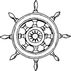 Ink drawing of ship rudder, vector illustration like logo or icon design concept. 