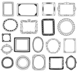 Hand drawn photo frames, picture frame doodles. Decorative borders, vintage doodle border with ornaments, scrapbooking element vector set. Antique decoration elements of different shape