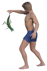 Young man in blue shorts holding a big green insect by the tail. Vertical 3d render.