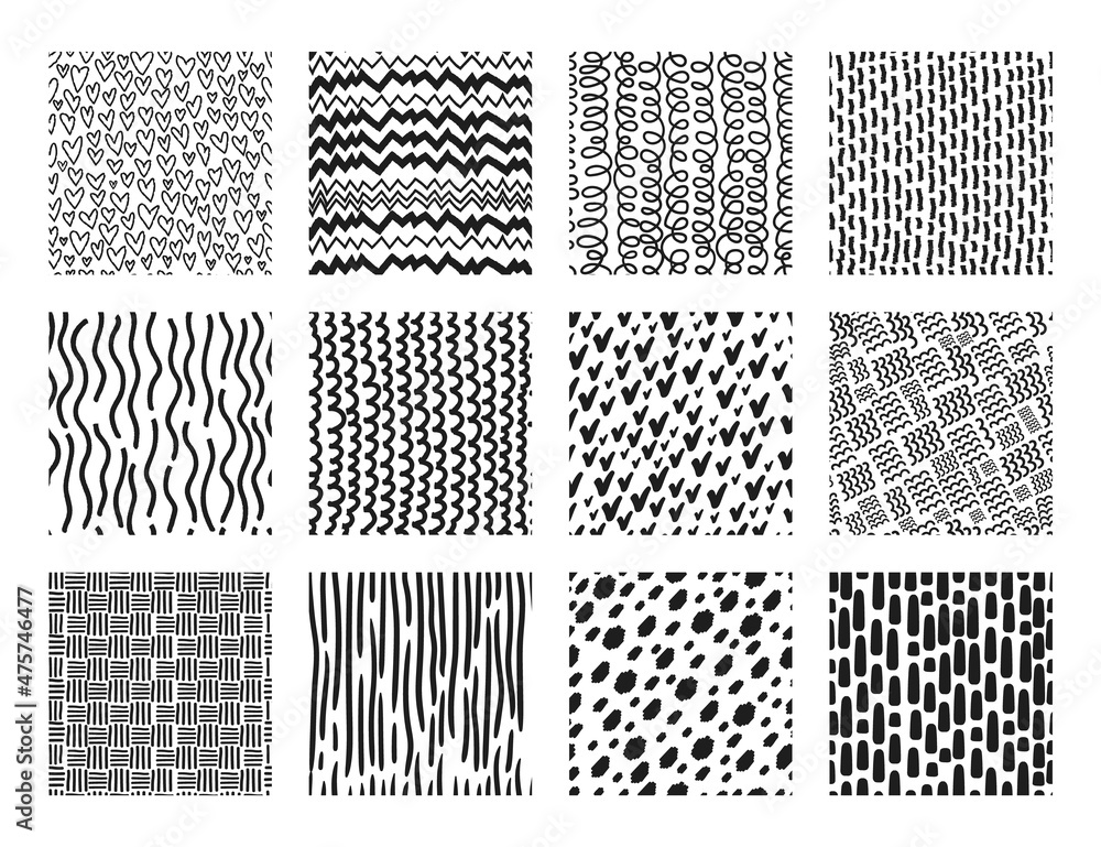 Poster cute hand drawn seamless patterns with dots, waves, scribbles. abstract print or fabric pattern, hea