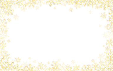 Gold snowflakes frame. Snow effect on white background. Christmas template for invitation or banner. Holiday decoration with snow flakes. Vector illustration