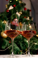 glass of champagne and christmas tree