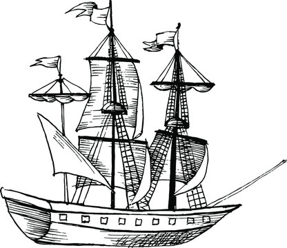 Ink drawing of Sail ship. Ink sketch in black and white, line art. Vector illustration in vintage style.