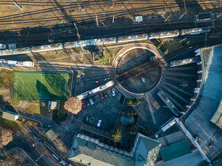 Obraz premium Swivel ring for the train at the depot. Aerial drone top view.