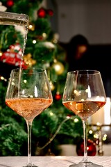 glasses of champagne and christmas decorations