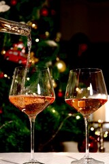 glasses of champagne and christmas tree