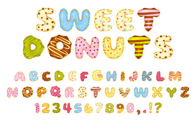 Cartoon sweet donuts font, colorful glazed donut letters and numbers. Cute dessert alphabet, delicious abc doughnuts with sprinkles vector set. English language, numerals and punctuation marks