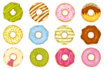 Cartoon donuts with different toppings, delicious sweet desserts. Top view donut with chocolate glaze and sprinkles, doughnut pastry vector set. Bakery elements with icing or frosting - obrazy, fototapety, plakaty