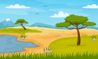  Cartoon african savannah landscape with trees and mountains. Panoramic safari fields scene, zoo or park savanna nature vector illustration. Outside wild vegetation and lake or pond © Frogella.stock