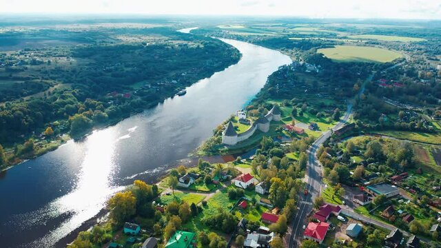 Old Russian fortress. Ancient fortress on the coast of Volkhov river in the town of Staraya Ladoga (Old Ladoga) in Russia. Aerial view of the ancient fortress.