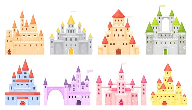 Cartoon medieval castles, ancient fortress, fairy tale palace. Fortified palace exterior, mansion, fairytale princess castle towers vector set. Historical defensive building or old royal kingdom