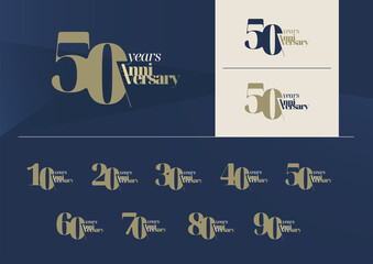 Set of anniversary logotype with minimalism gold and blue color style for celebration event. Vector Template Design Illustration.