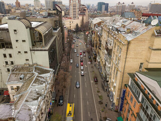 City street in Kiev in cloudy weather. Aerial drone view.