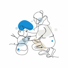 Continuous one simple single line drawing of woman making snowman winter concept icon in silhouette on a white background. Linear stylized.