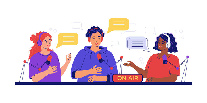 Diverse young people record a podcast, vlog, online show. Live interview, broadcast concept. Women and man of different nationalities in headphones talking in studio. Isolated flat vector Illustration