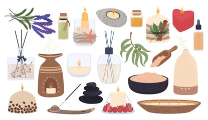 Aromatherapy and spa elements, scented candles, essential oils. Mineral salts, candle with herbs, aroma diffusers for relaxation vector set. Lavender and hot stones for healthy massage