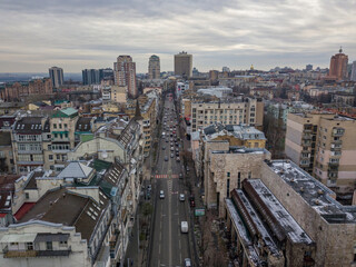 City street in Kiev in cloudy weather. Aerial drone view.