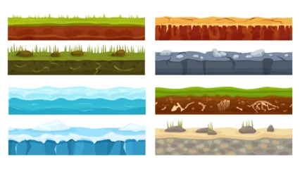 Fotobehang Cartoon seamless ground texture, game foreground design elements. Grass, soil, desert, ice, ocean gaming landscape grounds vector set. Rock and land level structures, geology concept © Frogella.stock